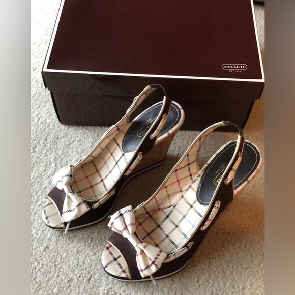 Brown cork Coach wedges with plaid ribbon detail. Comes with original box. - Picture 3 of 11